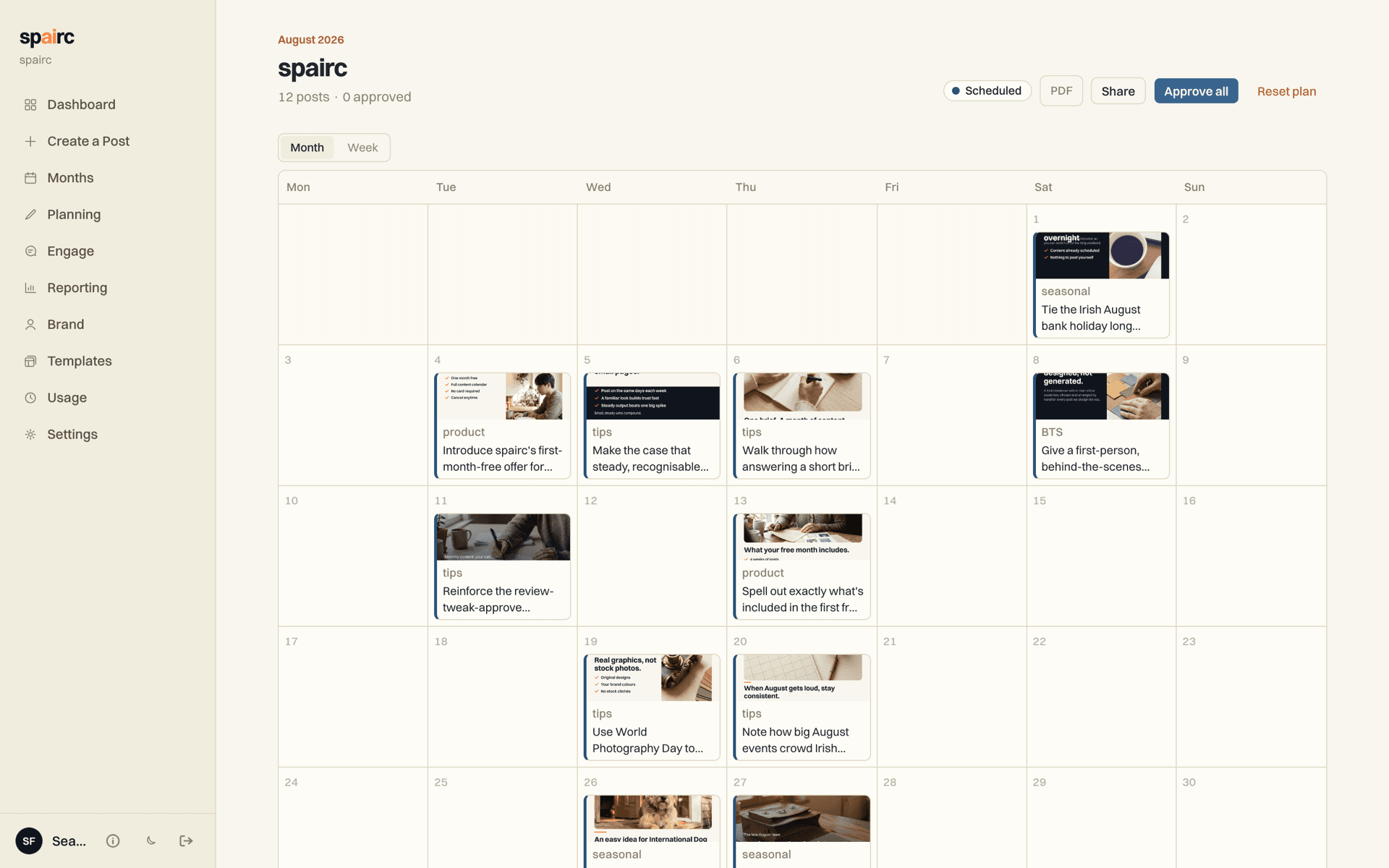 The spairc review calendar: a full month of drafted posts, each with its designed graphic, laid out day by day