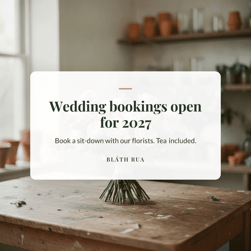 Seasonal post for a florist: announcement card over a photo of a bridal bouquet, in the florist's brand