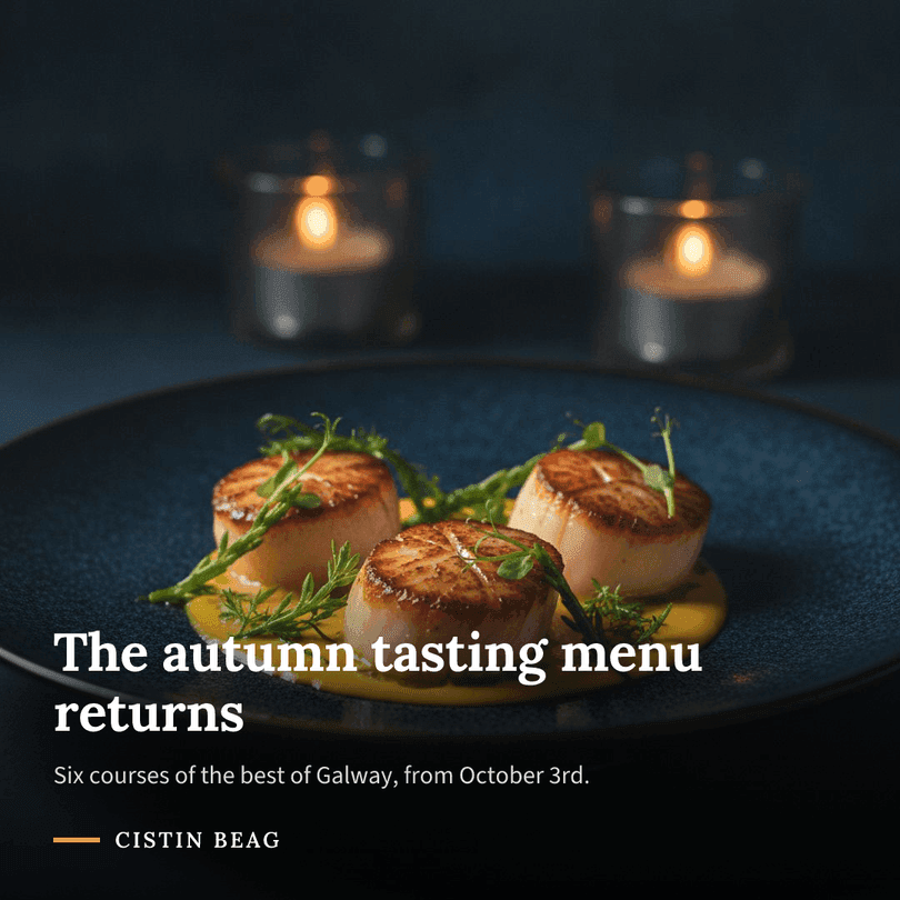 Menu announcement for a restaurant over a photo of a plated dish, in the restaurant's brand